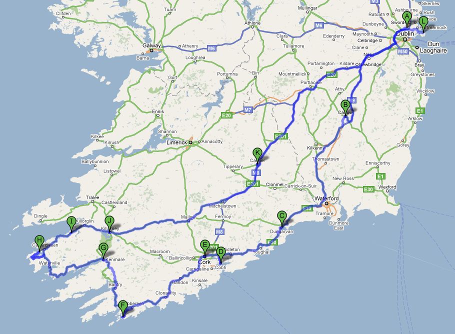 Carlow – Dungarvan – Cobh – Cork – Baltimore – Kenmare – Glenbeigh – Killarney Nationalpark – Cashel – Dublin